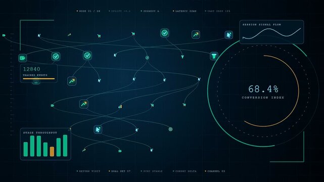A conversion tracker interface displays live data growth across three interconnected digital screens as network paths expand into a complex web of glowing blue neon nodes