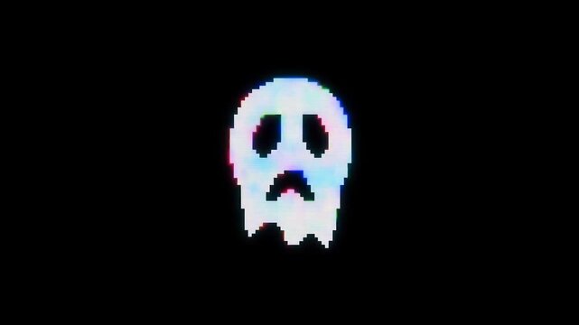 Pixelated ghost dissolving into colorful digital particles against a black background