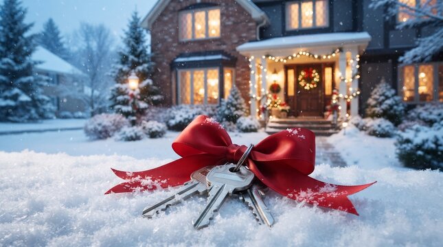 House keys with Christmas wreath on snowy front yard