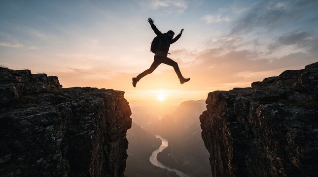 Person Jumping Across Rocky Cliffs at Sunset