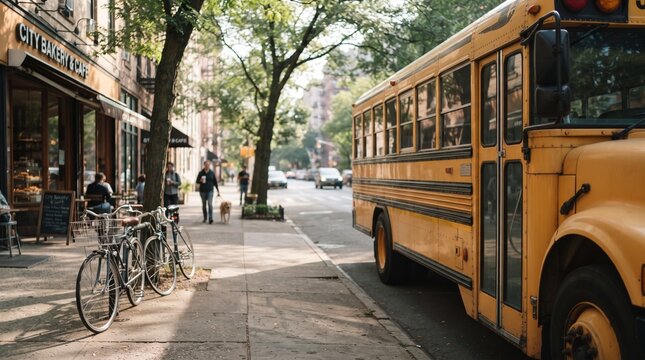 School Bus Parked on Urban Street with Trees and Bicycles