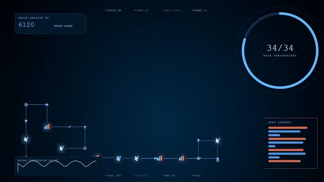 A digital conversion tracker interface displays fluctuating data streams and glowing circular metrics which progress across three distinct panels showing analytical user flow progress and tracking