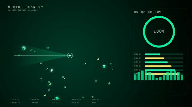a digital conversion tracker interface displays data progression in a sequence of three panels showing circular loading gauges and radar sweep patterns on screen