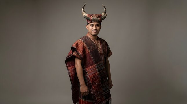 Handsome Indonesian man wearing traditional Batak Toba attire with Ulos fabric from North Sumatra