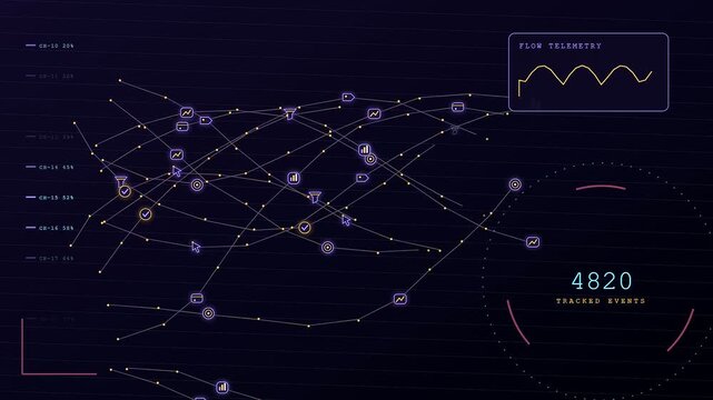 A digital conversion tracker visualizes data flow on a dark screen as nodes and connecting lines expand across multiple stages of an evolving monitoring interface display