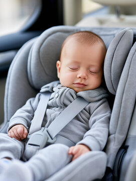Newborn baby sleeping soundly in ergonomic gray car seat