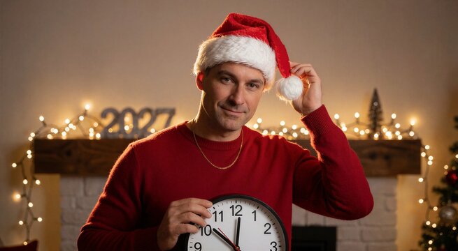 Man in red sweater and Santa hat counting down to midnight on Christmas, adjusting his hat near an analog clock in a cozy setting.
