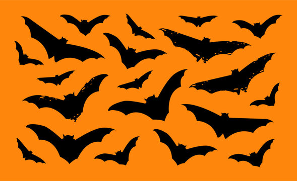 Black Bat Pattern on Orange Background, Halloween Flying Bats Seamless Style Illustration for Spooky Seasonal Design