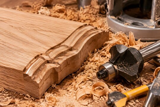 Freshly Routed Hardwood Board with Decorative Edge Sawdust and Cutting Tools Showcases Detailed Woodworking Craftsmanship