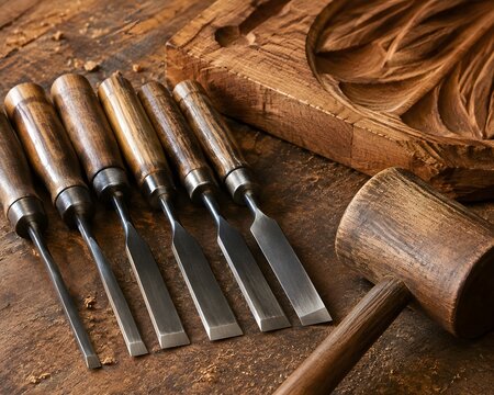 Woodworking Chisels Beside Mallet and Carved Timber Block with Detailed Grain and Authentic Workshop Dust