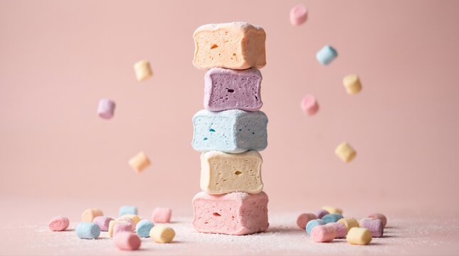 A vibrant stack of pastel square marshmallows stands tall on a soft pink surface. Scattered and falling small candies create a delightful, playful confectionery scene.