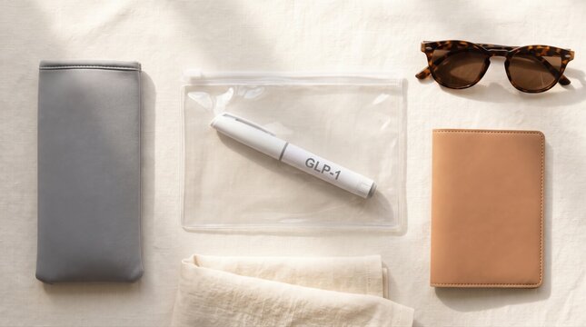A GLP-1 pen, sunglasses, and travel essentials are neatly arranged. This flat lay illustrates personal health management and organized wellness for modern global travelers.