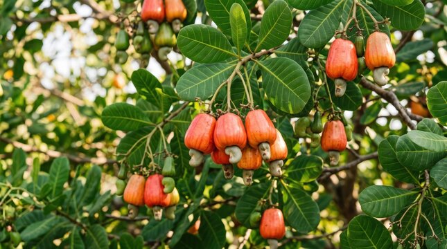 Vibrant cashew fruits ripen on a tropical tree, highlighting sustainable agriculture practices. These healthy, natural ingredients are essential for nutritious food production globally.