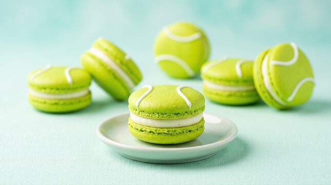 Vibrant green macarons, creatively shaped like tennis balls, are artfully arranged on a light blue surface. This unique dessert offers a playful treat for sports events or celebrations.