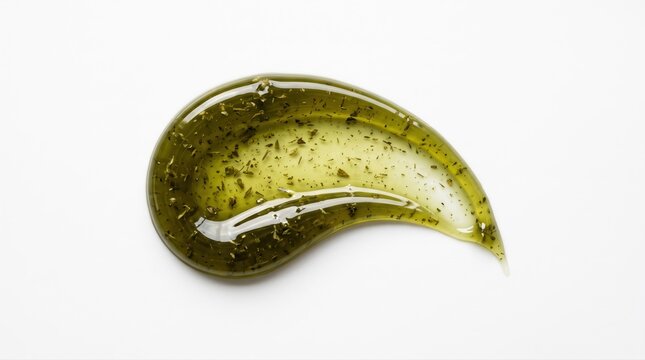 Glossy green cosmetic gel with botanical particles swatched on a white background. This natural skincare product emphasizes sustainable wellness and organic ingredients.