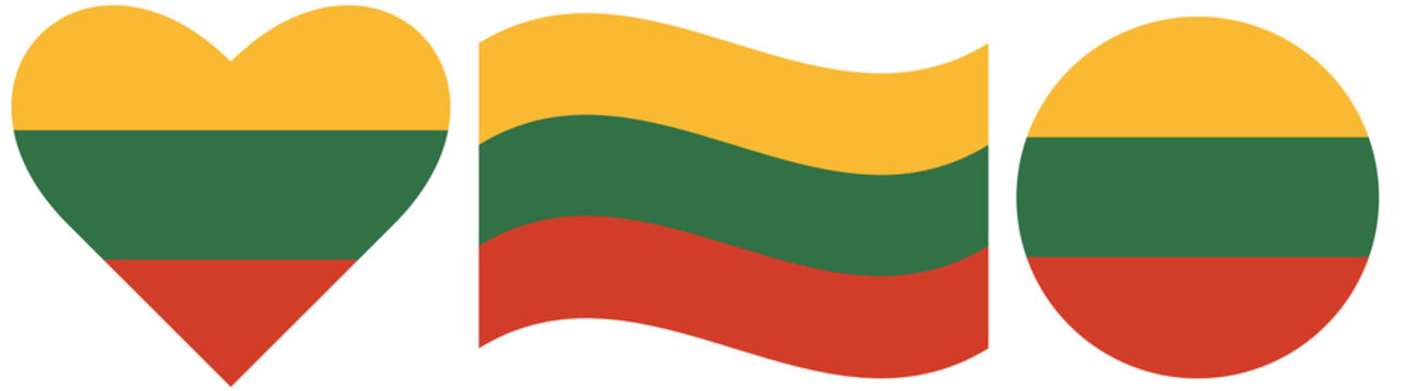 Lithuanian flag variations. Waving banner, circular design, and heart-shaped version isolated on white background