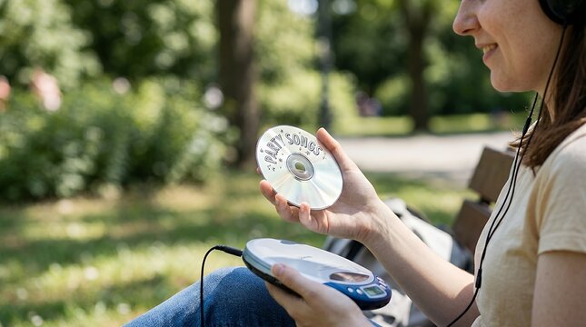 A close-up of a compact disc featuring party songs held by a person enjoying a beautiful day while listening to music with a disc player. Nostalgic music and leisure concept. close up of a compact