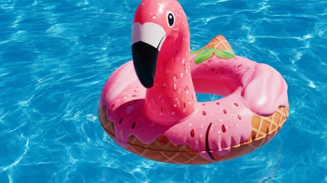 Pink flamingo float in clear blue pool water