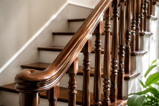 Detailed Stair Railing Polishing With Spotless Wooden Handrail Clean Balusters and Soft Reflective Light Concept