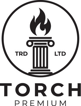 A black and white logo featuring a greek column topped with a flame, enclosed in a circle with the text torch premium isolated on white background
