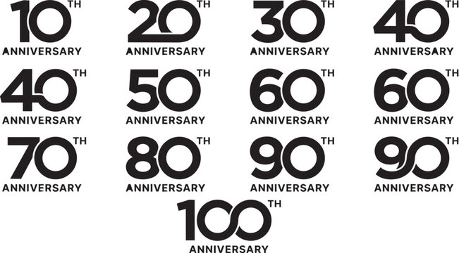 A graphic collection of various anniversary logos ranging from 10th to 100th year celebrations, isolated on white background