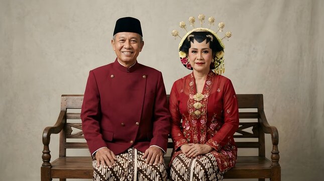 Senior Indonesian Couple Wearing Traditional Javanese Wedding Attire Beskap and Kebaya from Java