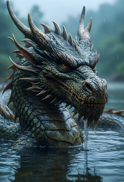 Mythical dragon emerging from water, fantasy creature and ancient legend concept, powerful beast with scales and horns