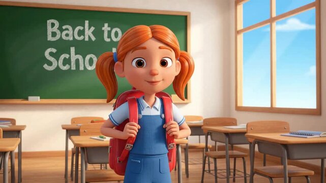 3 d animated schoolgirl with backpack in classroom, back to school concept, happy student character ready for lessons
