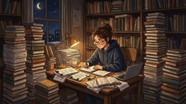 Young woman studying late at night surrounded by stacks of books in a cozy library