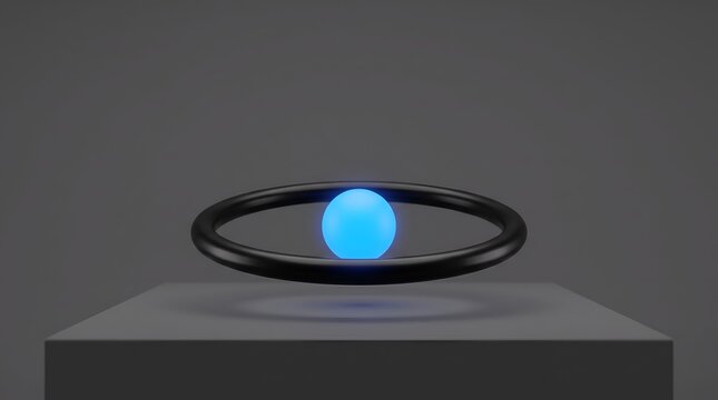 Magnetic Levitation Concept with Floating Blue Sphere and Ring Above a Pedestal for Quantum Physics