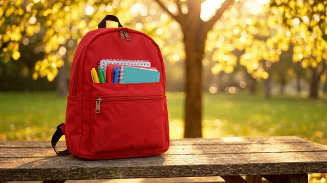 Red school backpack with stationery on wooden bench in golden hour park setting education supplies