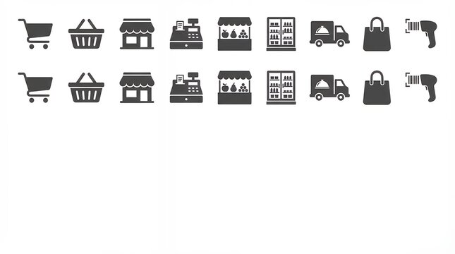A comprehensive icon set for grocery types including symbols for grocery shop store supermarket mart flea market and other related retail concepts in a clean modern style. Grocery types icon set