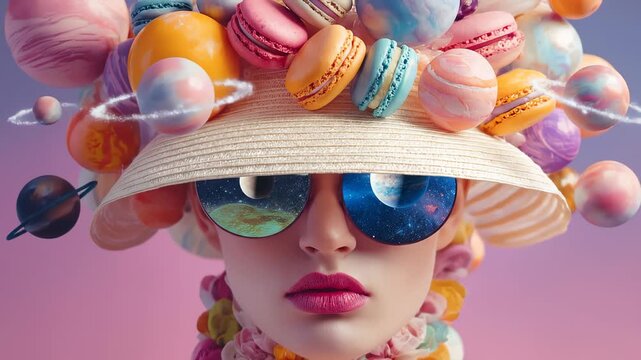 Colorful surreal fashion with cosmic reflections and planetary accessories