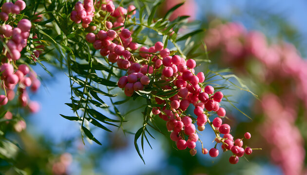 A Pink Pepper Tree with Peppercorns, scientifically known as Schinus Molle, is also referred to as the Peruvian Pepper Tree