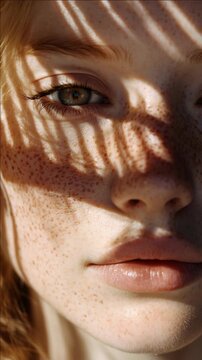 Close-up of a Woman with Freckles and Blonde Hair in Dappled Sunlight