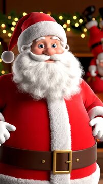 Joyful santa waving cheerily in front of festive lights and christmas background