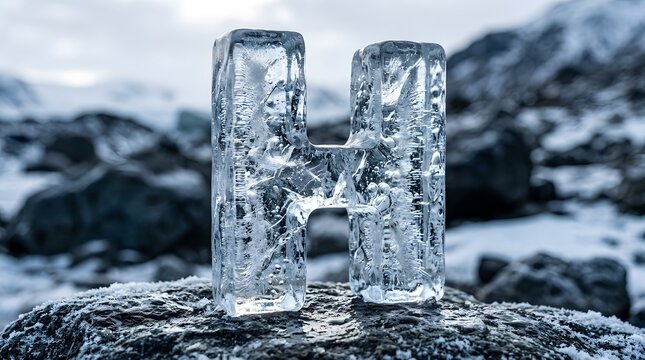 Ice sculpture of letter H in a snowy mountain landscape