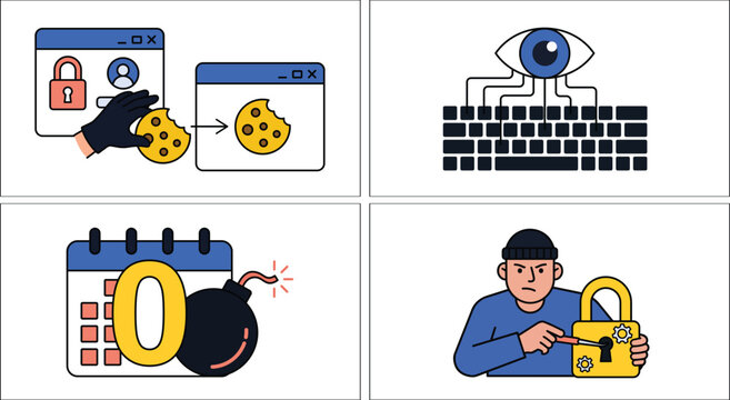 Cybersecurity attack vector icon set, colorful illustrations of cookie theft hacking, keylogger surveillance, zero day exploit, hacker picking digital lock