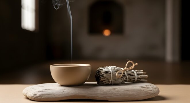 A wooden bowl and a bundle of dried sage resting on a stone surface for spiritual cleansing