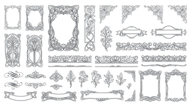 art nouveau frames and floral decorative elements for design.