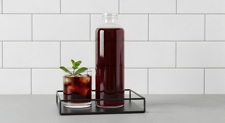 Obraz premium A refreshing glass of iced tea with mint next to a bottle on a black metal tray