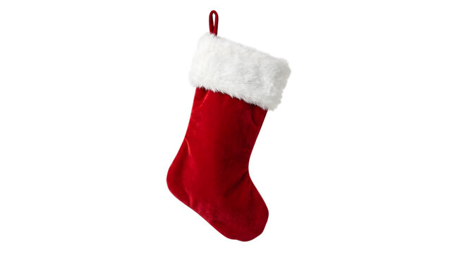 A classic red christmas stocking with a fluffy white trim ready to be filled with holiday cheer