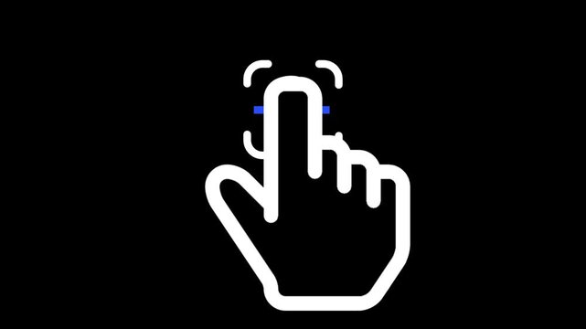 Animated white line art fingerprint scanner with hand touching the sensor on a black background. Cyber security concept.