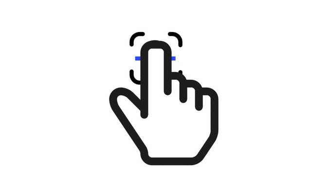 Animated black line art fingerprint scanner with hand touching the sensor on a white background. Cyber security concept.