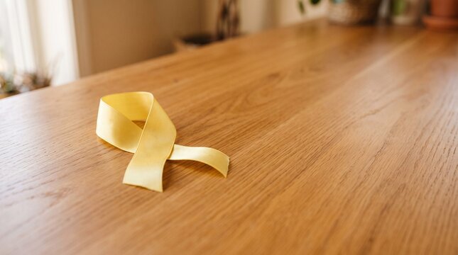 Yellow awareness ribbon on wooden table