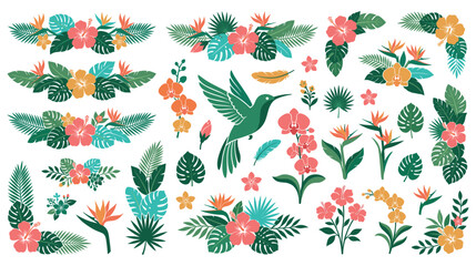 Colorful tropical floral elements and bird illustrations. © NAZMA
