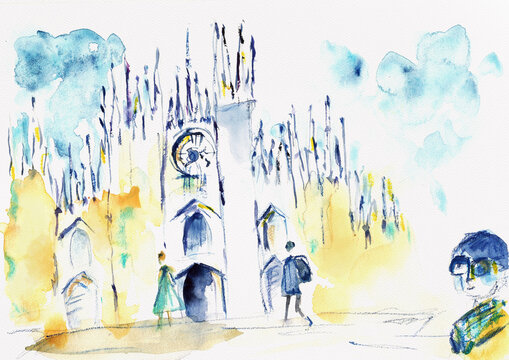 Milan Cathedral Duomo with Urban Figures, Expressive Italian Cityscape &ndash; Hand-Painted Watercolor