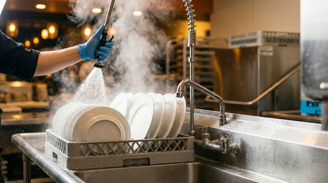 Dishwashing with gloved hand spraying hot water on stacked plates in commercial kitchen sink, emphasizing hygiene and sanitation.