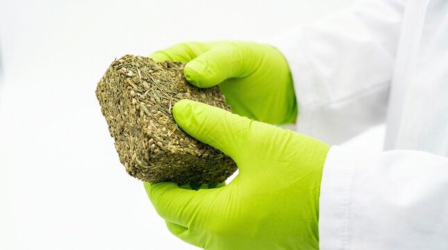 Hemp biomass block held by gloved scientist in laboratory environment for research and development.