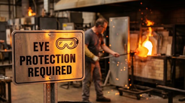 Industrial safety sign with glassblower working molten material in hot workshop, demonstrating craft and workplace hazards.